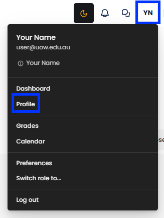 Moodle - Profile Dropdown Menu (depersonalised)